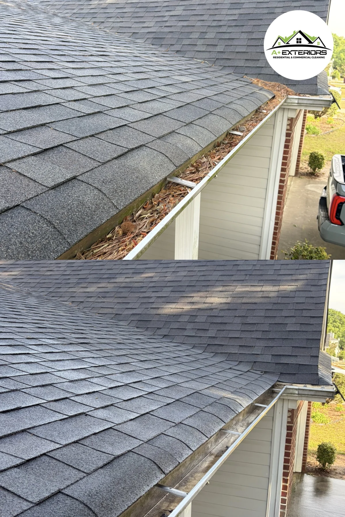 Original A Plus Exteriors comparison of a debris-filled gutter and the same gutter cleared