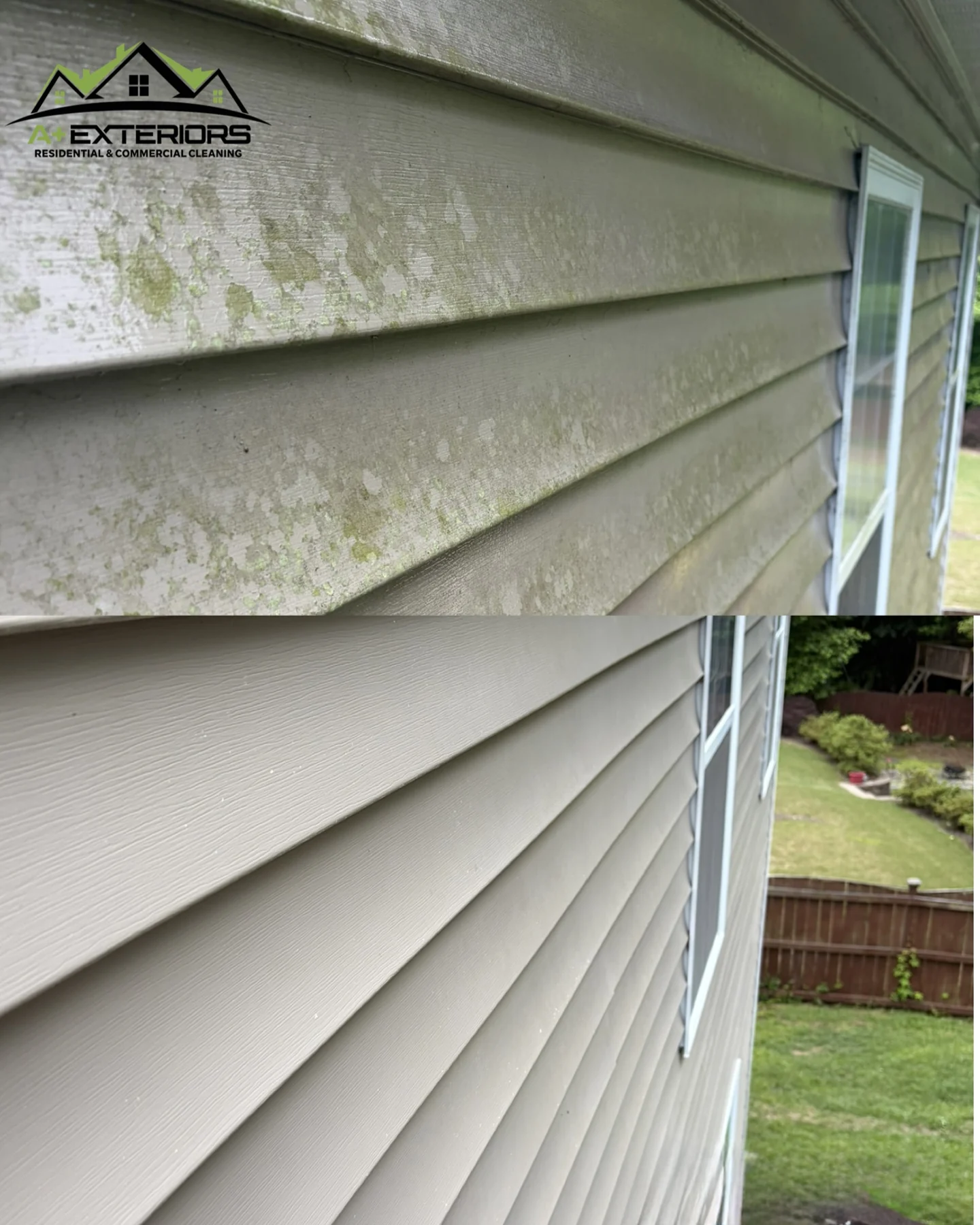 Original A Plus Exteriors before-and-after comparison showing buildup removed from siding