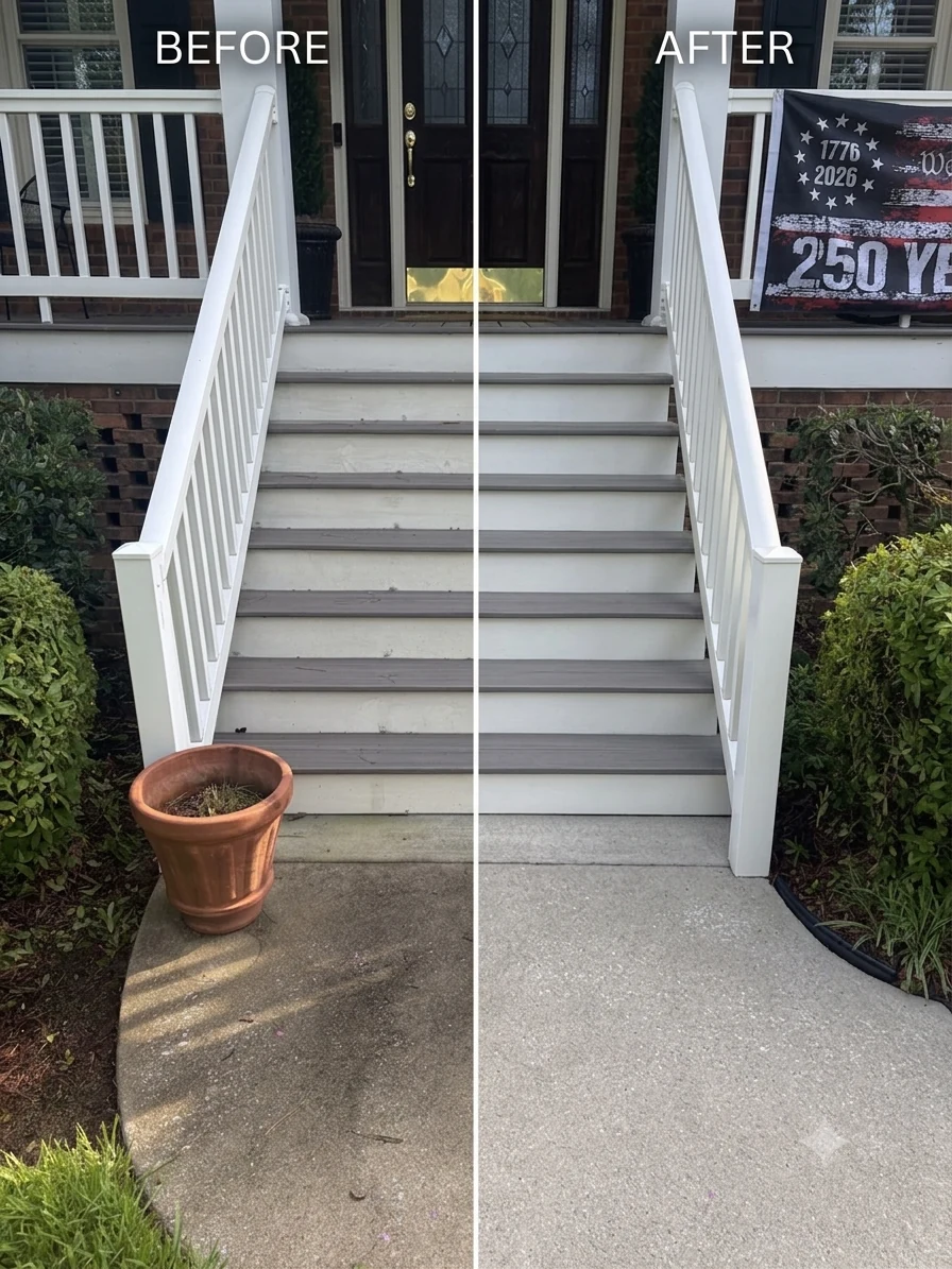 A Plus Exteriors before-and-after comparison of a concrete walkway beside front steps